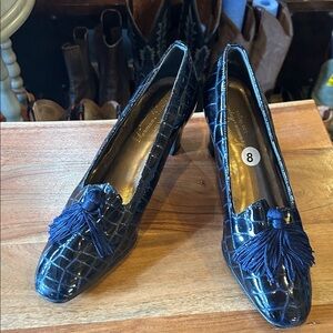 Elegant Navy Crocodile Pattern Heels with Tassels